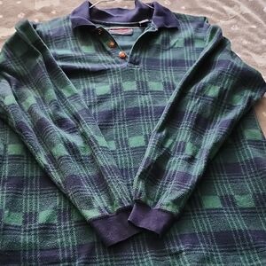 100 % Cotton Plaid Pullover Men's Sweater in Green and Blue Size Large